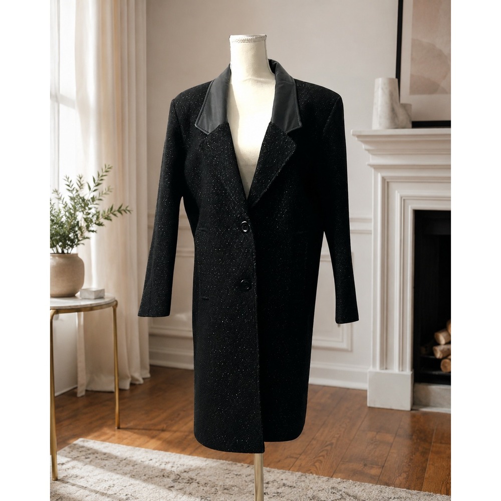 David Benjamin Black Wool Blend Long Blazer Coat Leather Trim Metallic Flecks 8